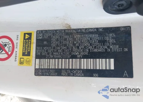 2011 Lexus Rx 350 from USA, damaged, VIN 2T2BK1BA8BC120387